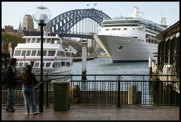 Ocean liner at Circular Quay, Sydney harbour with the Harbour Bridge