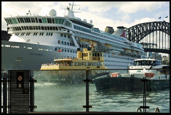 Ocean liner at Circular Quay, Sydney harbour with the Harbour Bridge