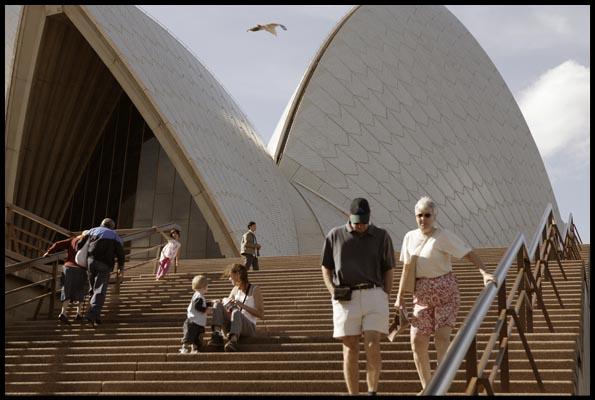 tourists on the stairs to the Opera House