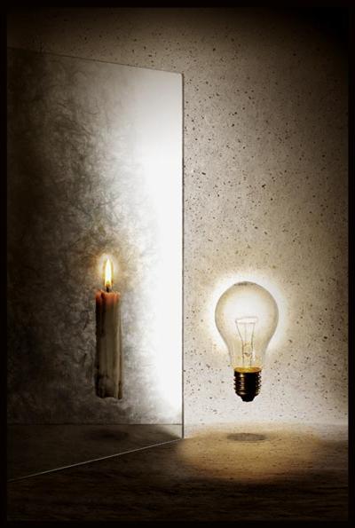 Still Life with candle light and light bulb